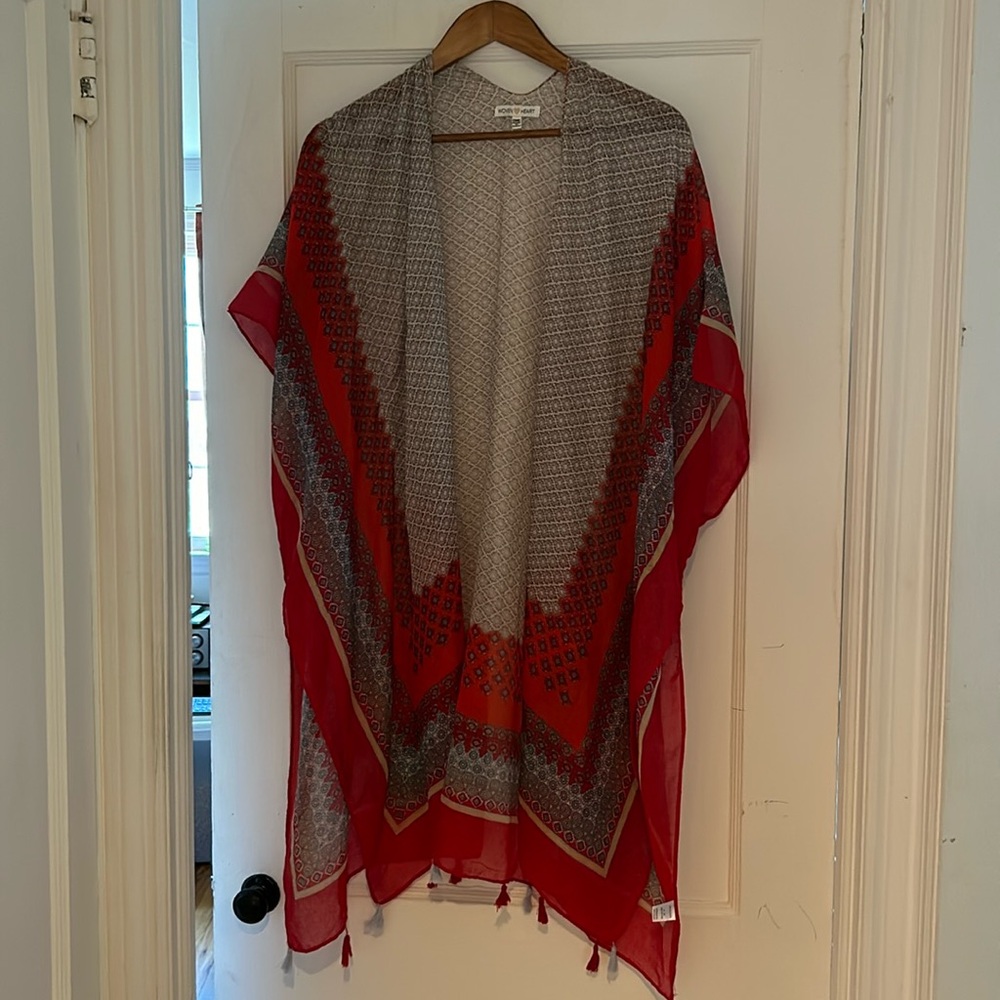 Sheer red boho kimono cover up